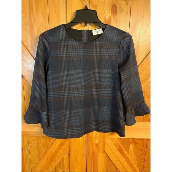 everly black/red/green plaid blouse size small polyester blend (2680) - Picture 1 of 5